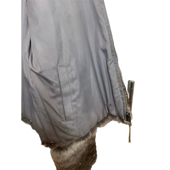 June Grey Reversible Rabbit Fur Jacket Leather Trim/polyester Side Jacket Size L - Picture 8 of 16